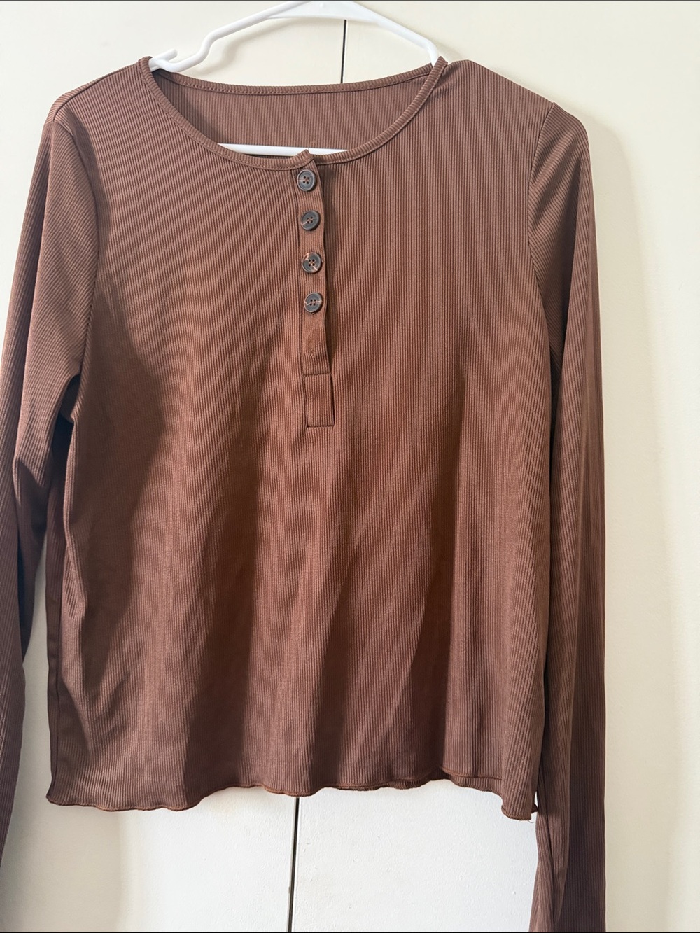 Women's Ribbed Henley Top - Brown